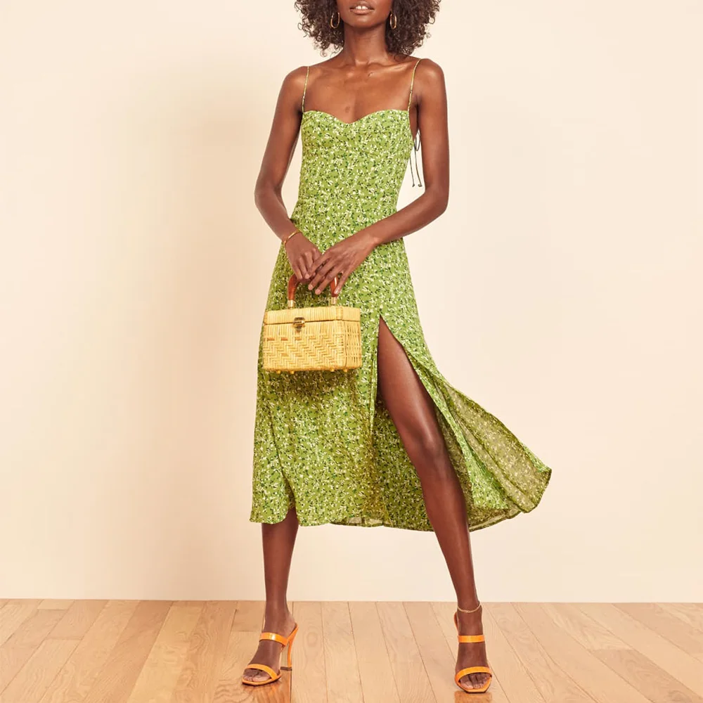 Floral Print Dress Women Summer Spaghetti Strap Tie Sexy Side Slit Beach  Dress Vacation Clothing Chiffon Midi Dress Elegant | Женская одежда |  АлиЭкспресс