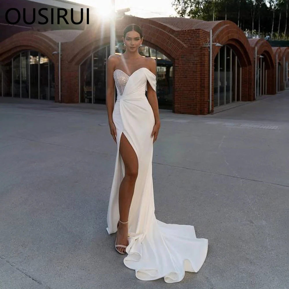 Атласное Плиссированное свадебное платье OUSIRUI с V-образным вырезом и блестящими