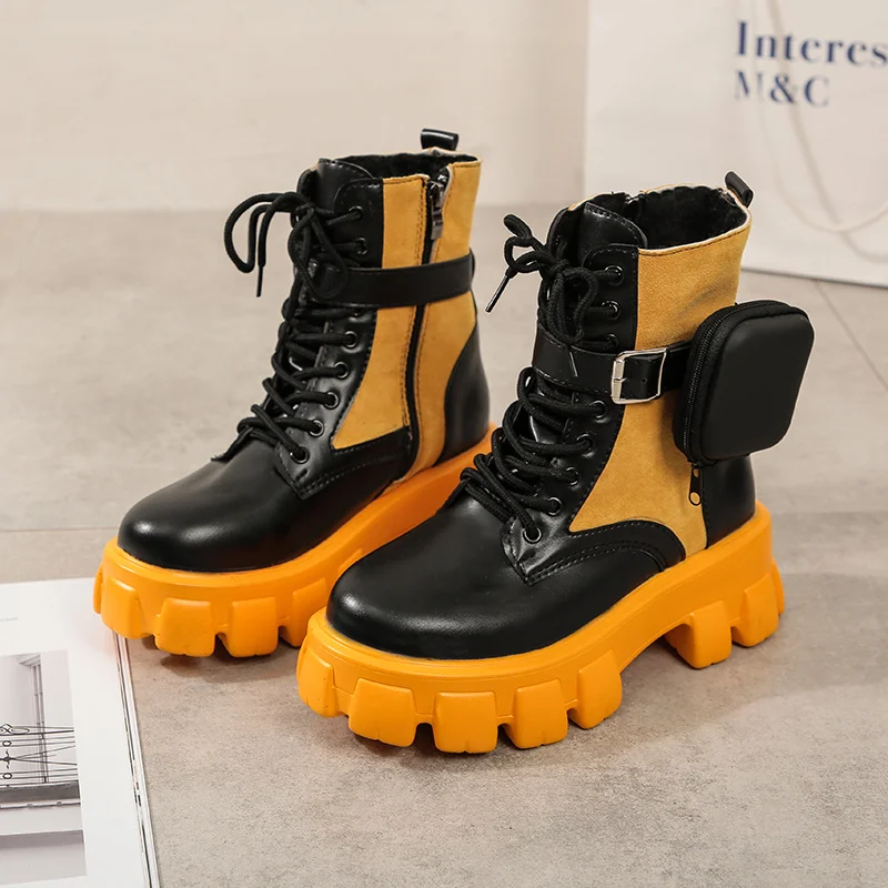 Женские Кожаные ботфорты черные удобные ботинки на платформе с карманами