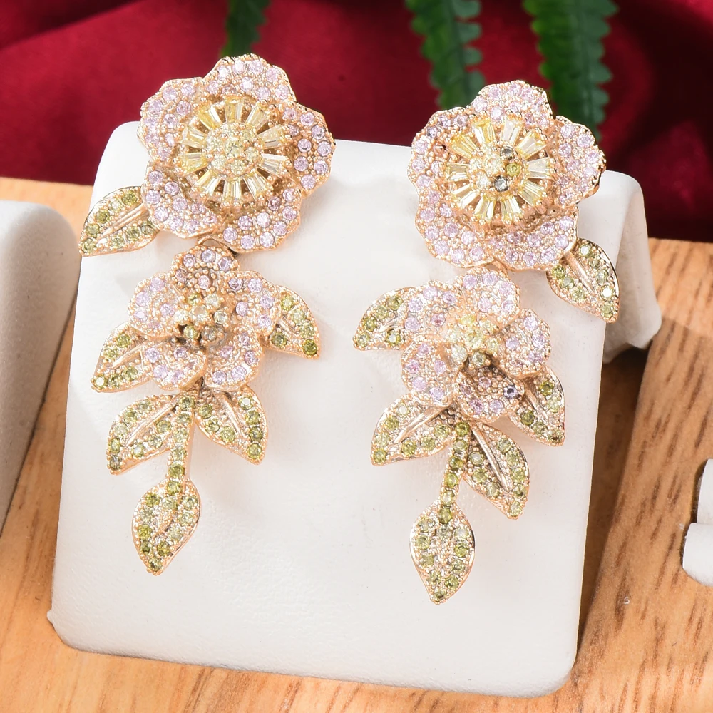 

Siscathy Fashion Pink Flower Earrings For Women Gorgeous Wedding Party Cubic Zircon Dubai Bridal Earring boucle d'oreille