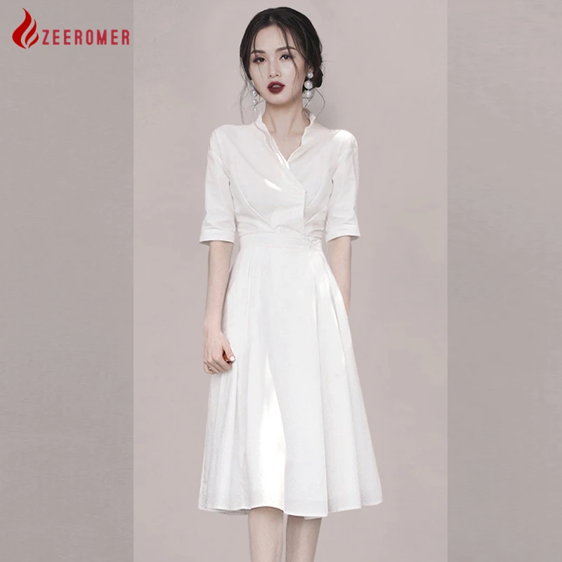 

Solid High Waist Shirt Dress Women Korean Elegant V-neck Slim Waist Midi Dress Summer Office Ladies Loose Casual A-line Dress