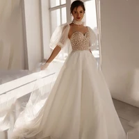 vintage wedding dress strapless tulle exquisite appliques puff sleeve elegant princess prom gown robe de mariee for women