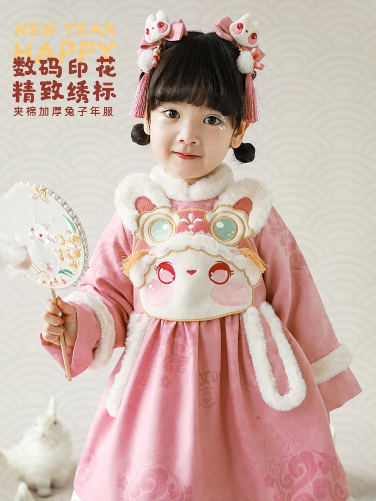 2022 Winter New Children Cute Rabbit Embroidery New Year Dress Baby Girls Thick Warm Dress