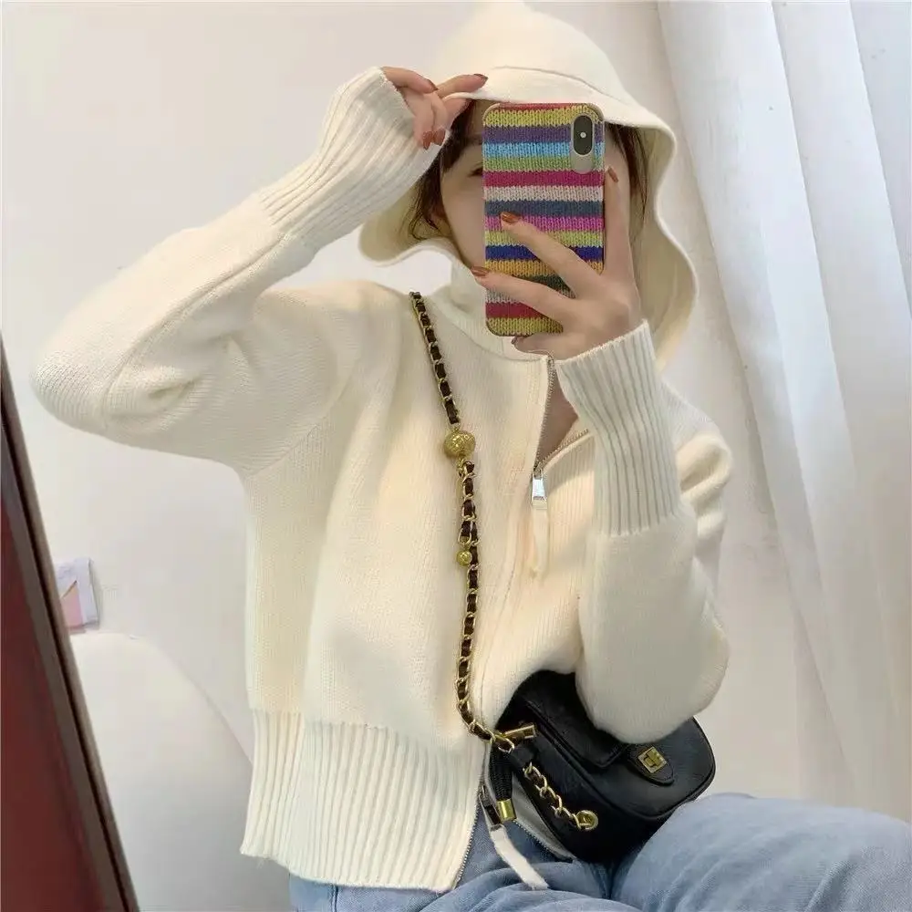 

2023 Autumn and Winter New Loose Sweater Coat for Women Hooded Double Zipper Knitted Cardigan for Women