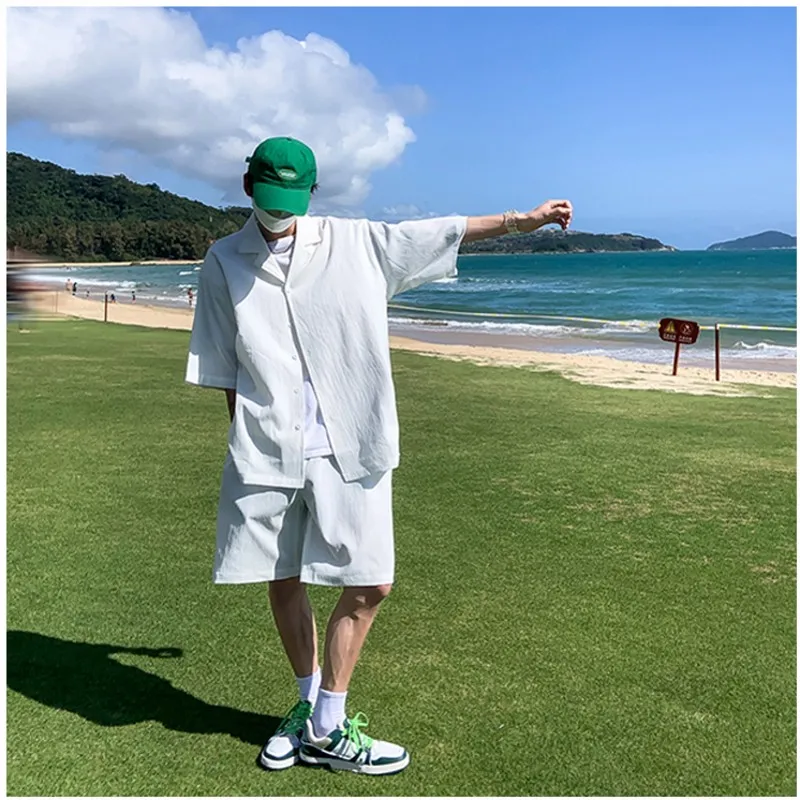 Summer 2 piece Mens Sets Matching Suit Jacket Shorts Oversized Solid Green White Black Fashion Streetwear Thin Leisure Suit