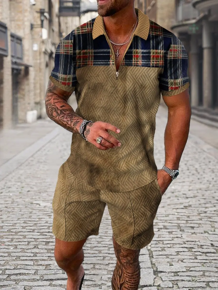 

2022 summer new European and American foreign trade men's new casual color contrast POLO zipper lapel shirt short-sleeved suit