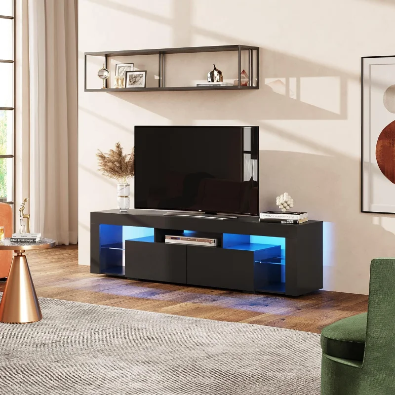 

Подставка WLIVE светодиодный TV для телевизора 55/60/65/70 дюймов, современный развлекательный центр с открытыми полками, деревянная ТВ-приставка с 2 ящиками для хранения