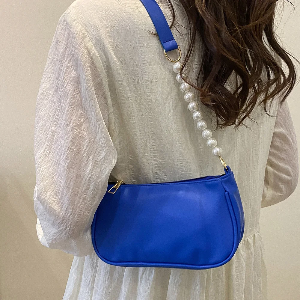

Fashion Women PU Leather Handbag Solid Pearl Chain Shoulder Totes Underarm Top Handle Bag Female Travel Daily Clutch Purse Bags