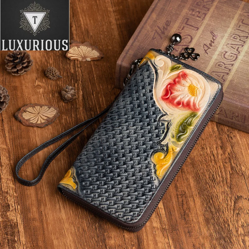 

Genuine Leather Women Clutch Wallet Wrist Purse Bag ID/Credit Cards Holder Designer Real Cowhide Female Long Handy Money Bags