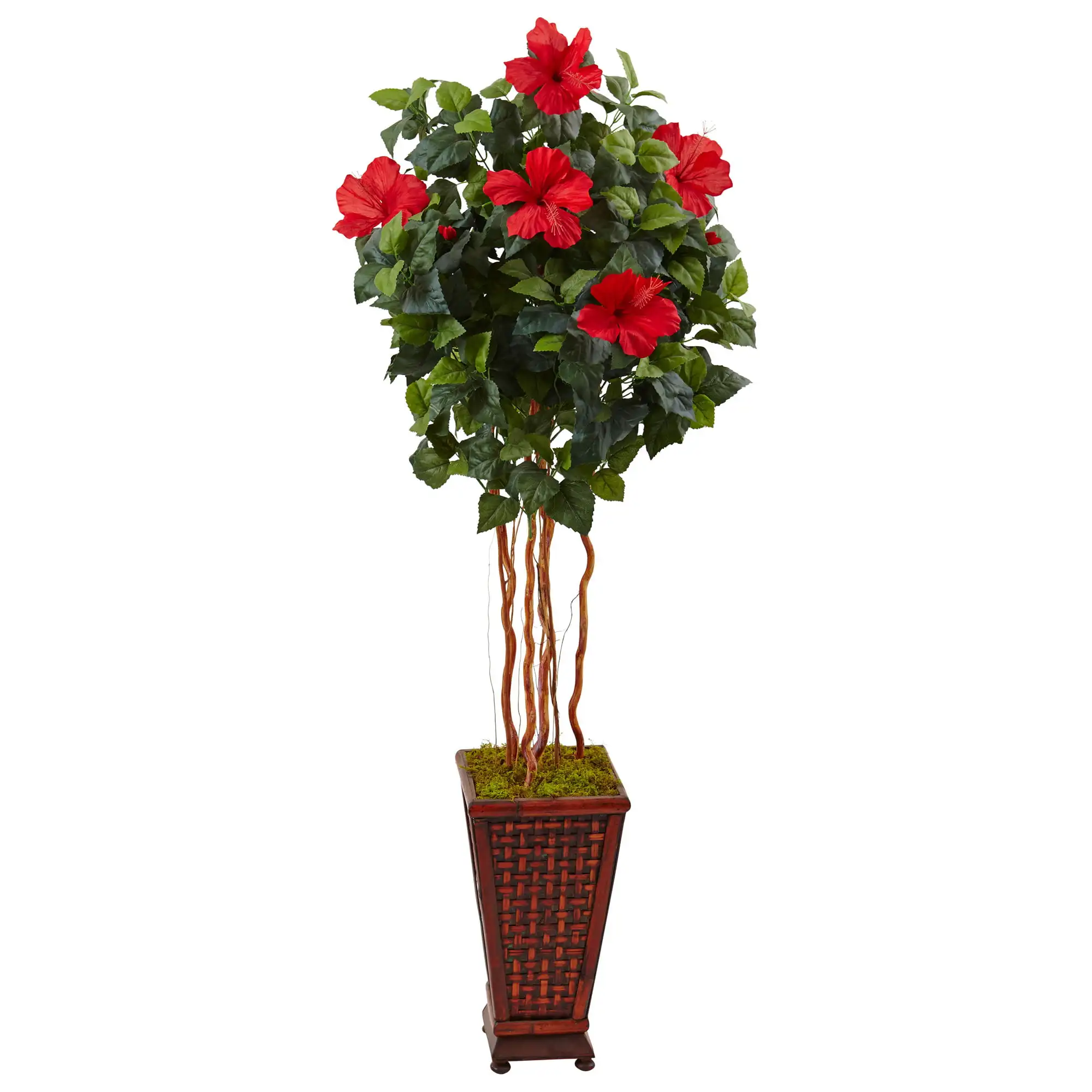 

5' Hibiscus Tree Artificial Plant in Decorated Wooden Planter, Green
