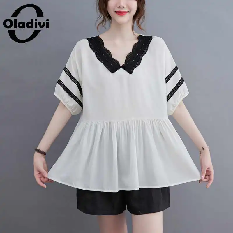 

Oladivi Oversized Women Fashion Patchwork Blouses Ladies Casual Loose Shirts Summer 2022 New Thin Cool Top Female Blusa L XL XXL