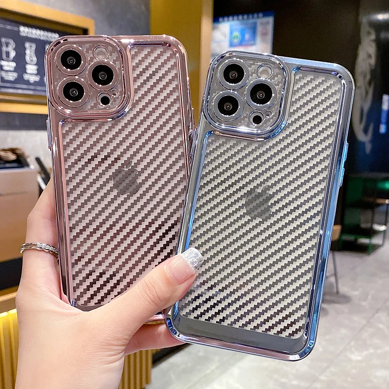 

Luxury Carbon Fiber Texture Silicone Transparent Case for iPhone 13 12 11 Pro Max XR X XS 7 8 Plus SE Plating Shockproof Cover