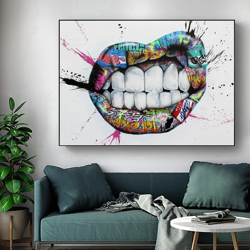 

Show Teeth Lips Graffiti Art Canvas Prints Painting Street Wall Posters and Prints Wall Art Picture for Living Room Home Decor