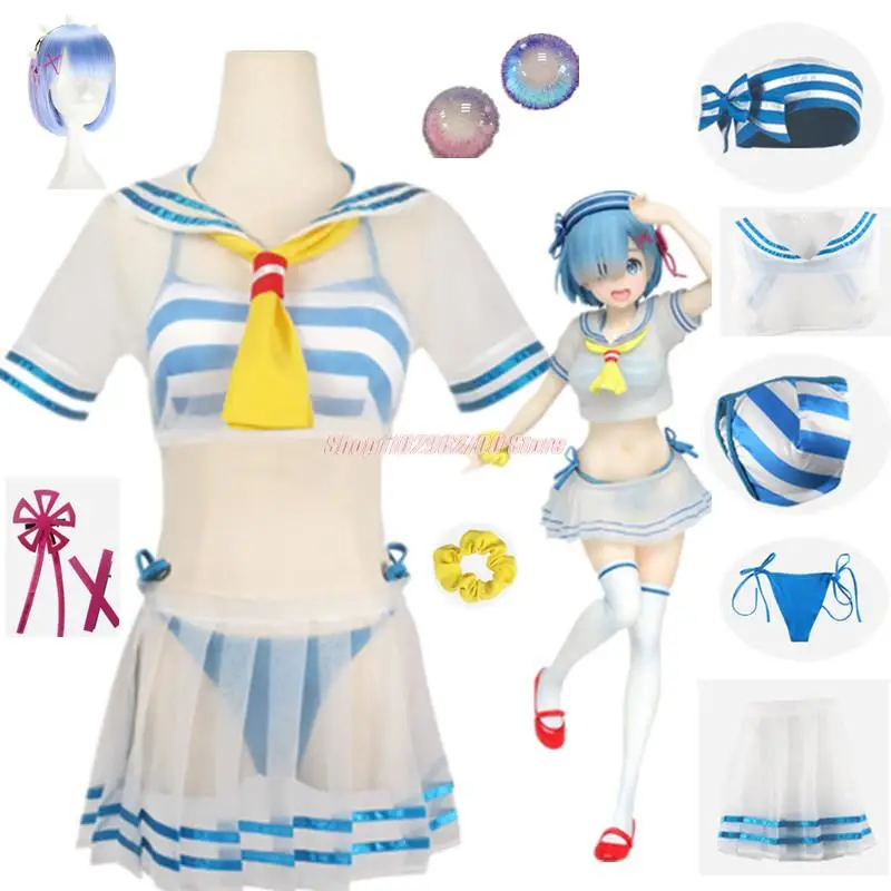 

Anime Re:Life In A Different World From Zero Rem Cosplay Costume Girl Wig Sailor Suit Cute Swimsuit Top Skirt Summer Costumes