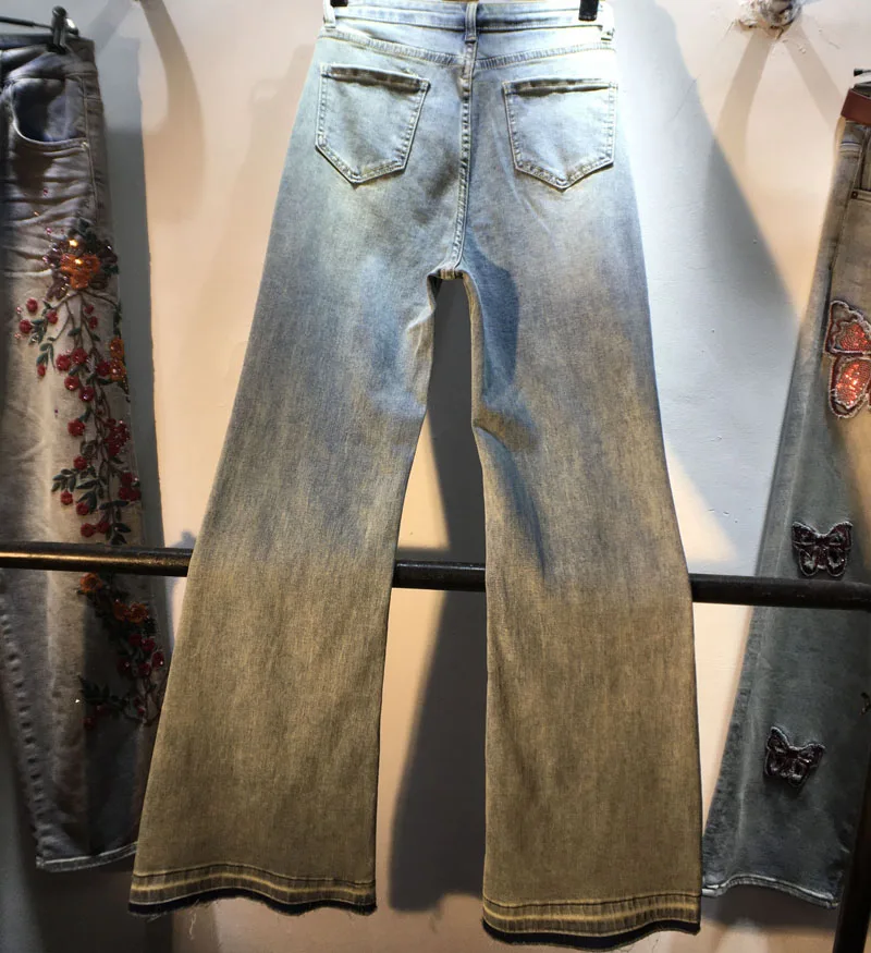 Europe 2023 New Spring Summer Women Denim Trousers Colored Stone Diamonds Stretch Flare Jeans High Waist Light Blue Long Pants