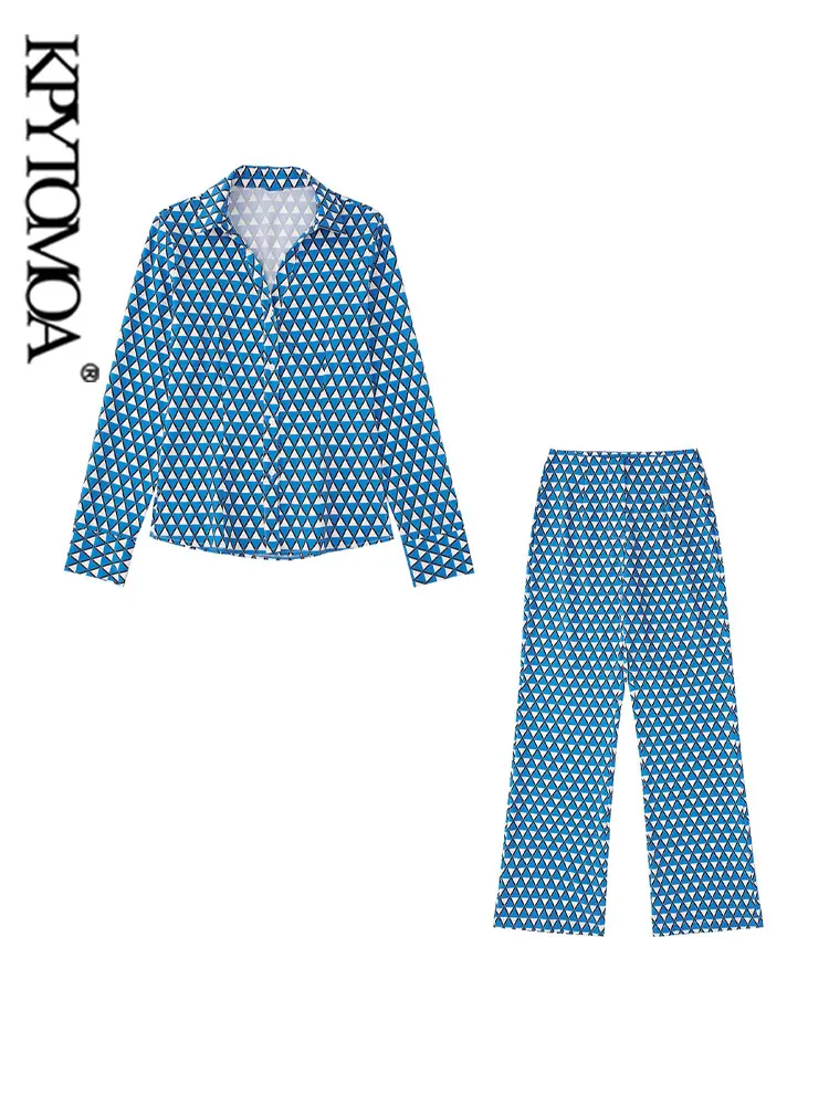 

KPYTOMOA женские модные рубашки с геометрическим принтом и высокой талией на молнии расклешенные брюки женские комплекты из двух предметов Mujer
