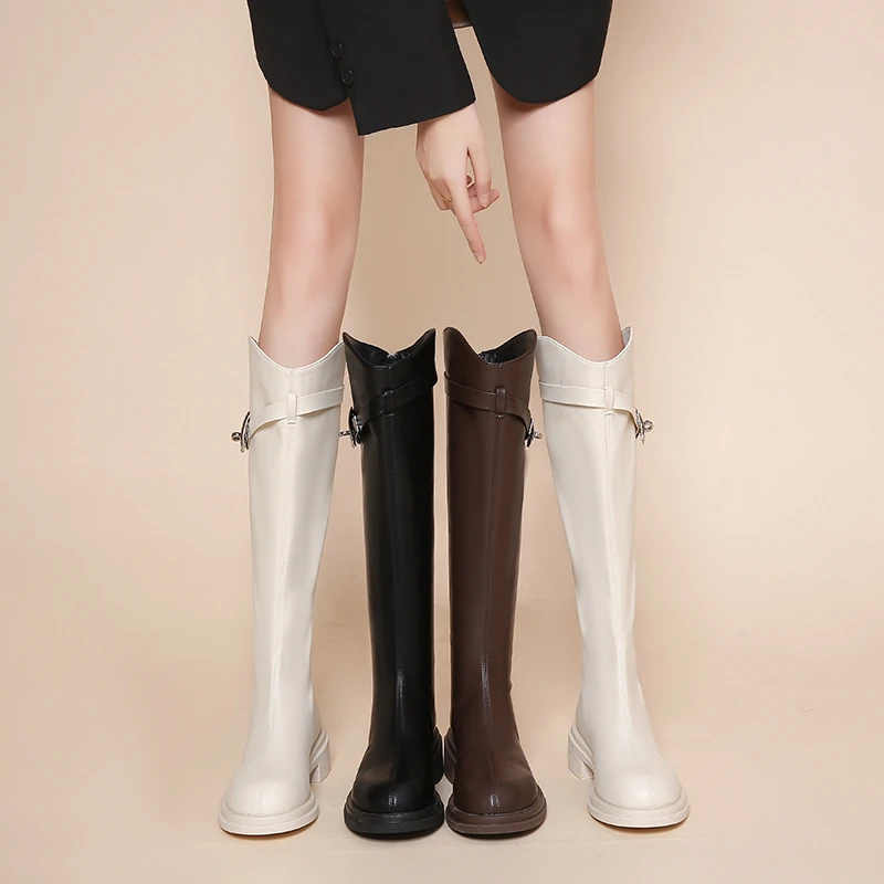 

Женские сапоги с круглым носком, Сапоги выше колена на среднем каблуке, на молнии, Осень-зима 2022