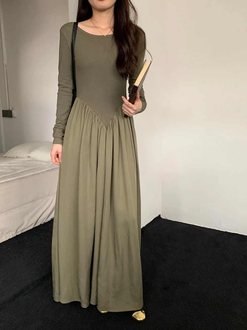 

Gasparine Women's Dress Chic Spring O-neck Slim Stitching Folds Elegant Party Dresses for Women Long Sleeve Large Pendulum Dress