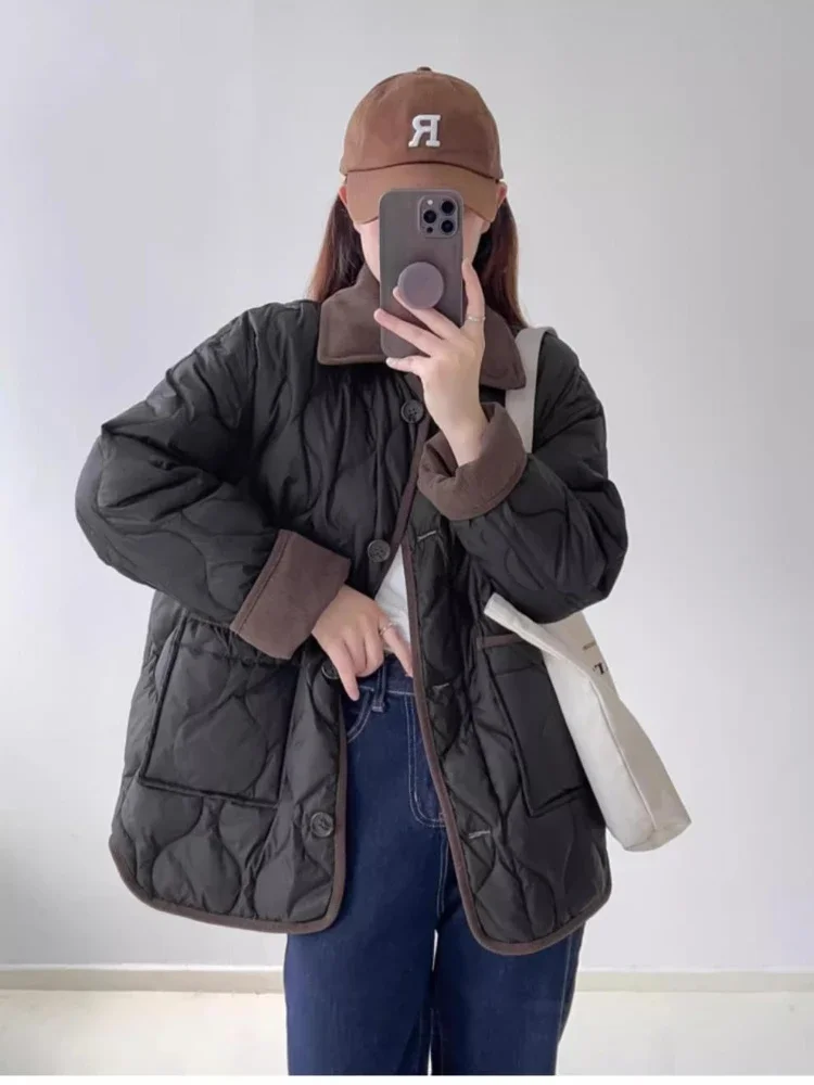 2024 зимняя модная новая женская теплая хлопковая одежда с откидным воротником и