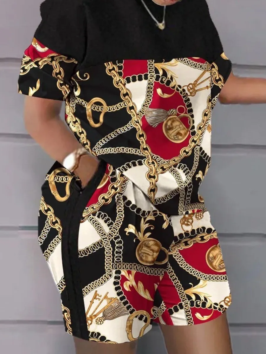 

LW Plus Size Chain Print Patchwork Shorts Set Summer Women Casual T-Shirt Y2k Top Shorts Set Femme Short Sleeve Two Pieces Set