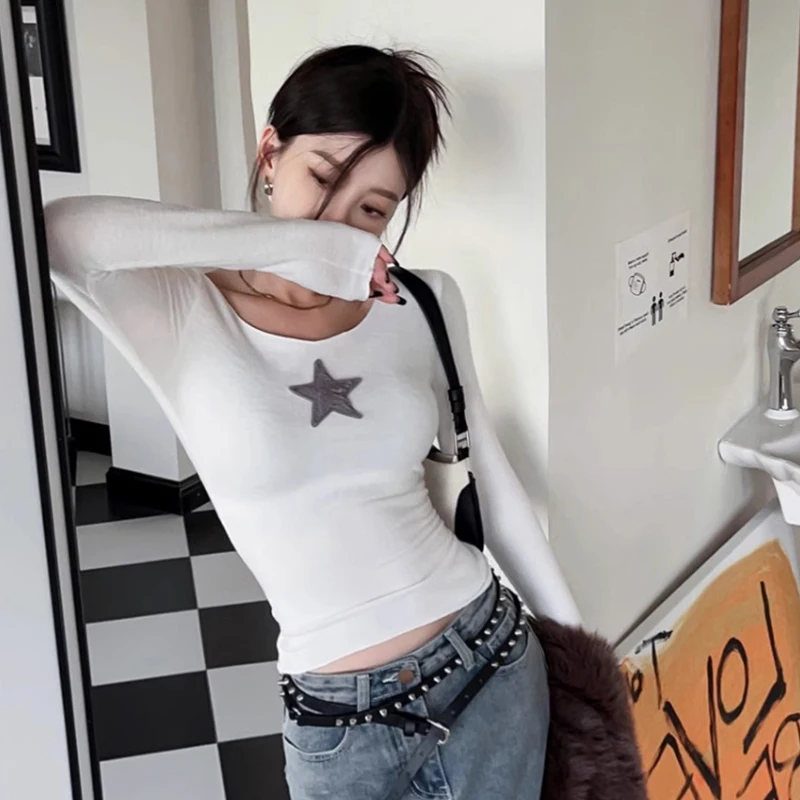 Кроп-Топ Harajuku в стиле гранж облегающий корейский топ с длинным рукавом и круглым