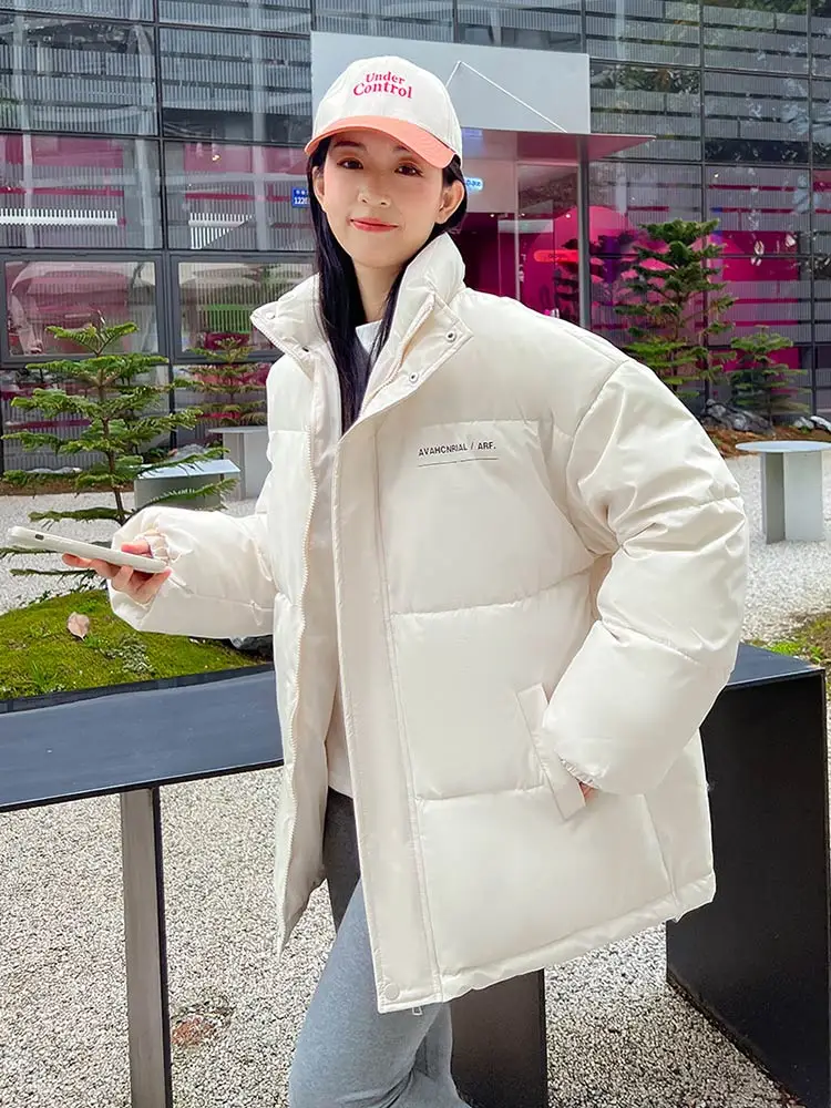 Vielleicht 2023 New Stand Collar Winter Snow Parka Women Thick Warm Hooded Jacket Clothes Loose Short Cotton Padded Coat Outwear