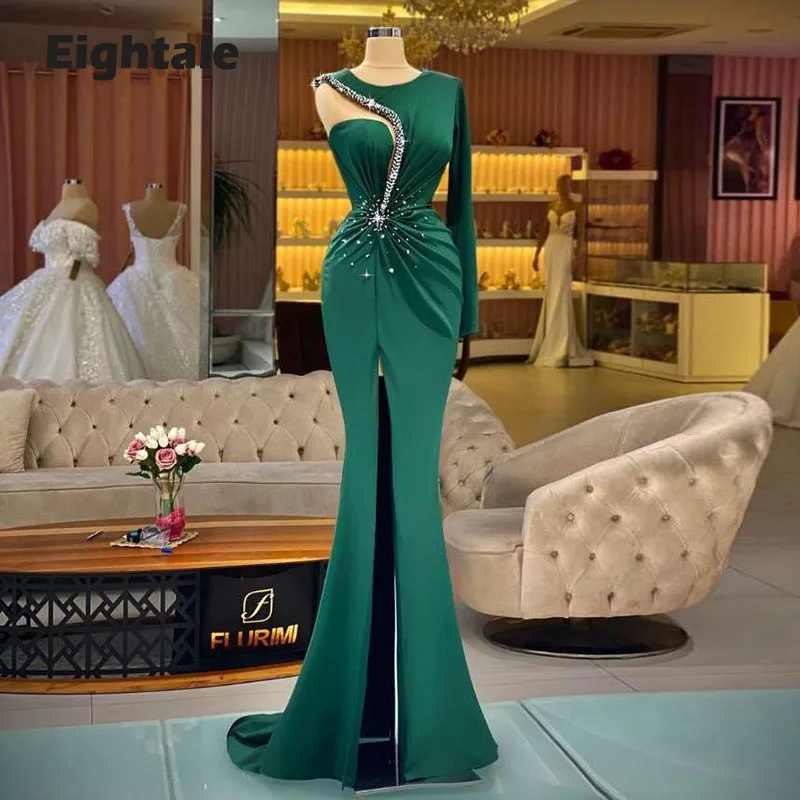 

Eightale Arabic Evening Dresses O-Neck Beaded Long Sleeve Dubai Prom Gown Green Sexy Mermaid Satin Celebrity Party Dress