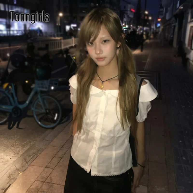 Фото Рубашка Tonngirls Y2k Fairycore для женщин, белая рубашка с коротким рукавом и блузка, уличная одежда в японском стиле, винтажные топы 2000-х годов, летняя одежда для девушек E-girls №1