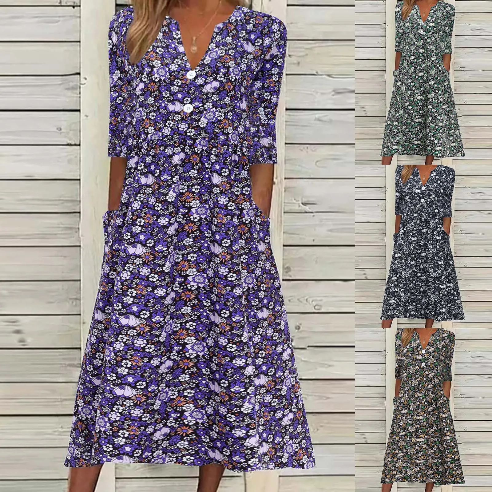 

Женское Цветочное платье макси с V-образным вырезом, весна-осень 2023, женское расклешенное платье с длинными рукавами-фонариками, модное женское платье-трапеция на пуговицах