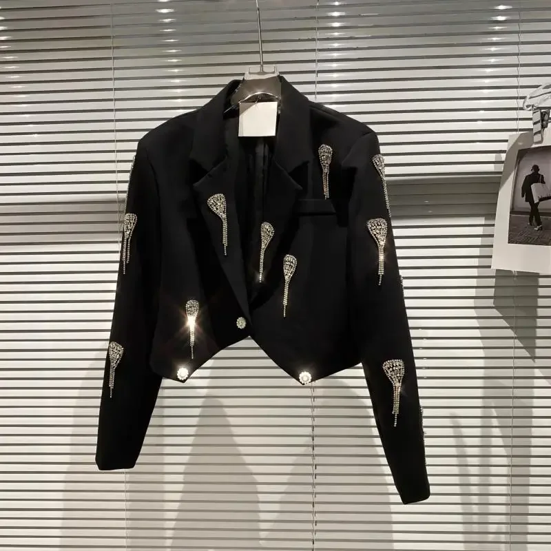 Women's Love Tassel Rhinestone Chain Short Female Blazer Spring New Fashion Pure Color Jacket