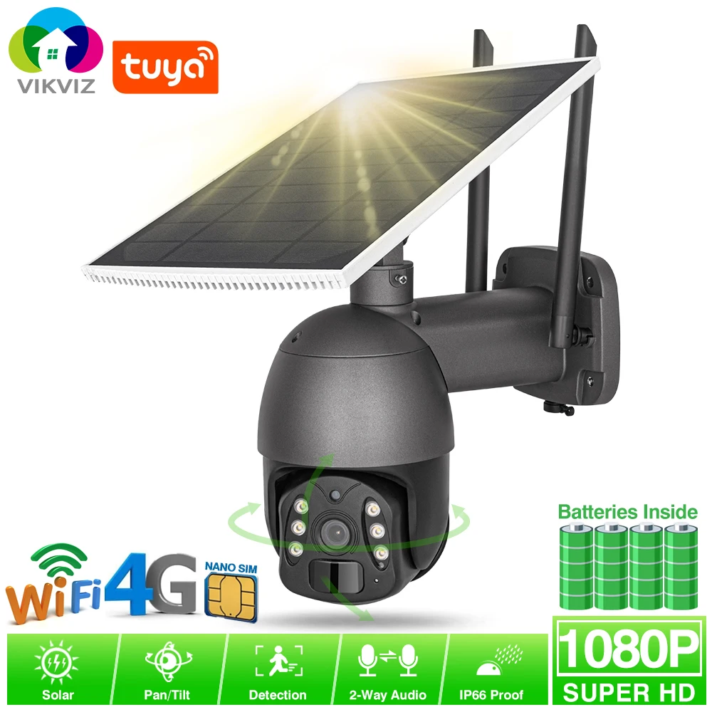 

VIKVIZ Tuya 4G WiFi IP Camera SIM Card 2MP 3MP HD Solar Panel Battery Pan/Tilt CCTV Camera 2-Way Audio Alarm SD Slot PIR IPC
