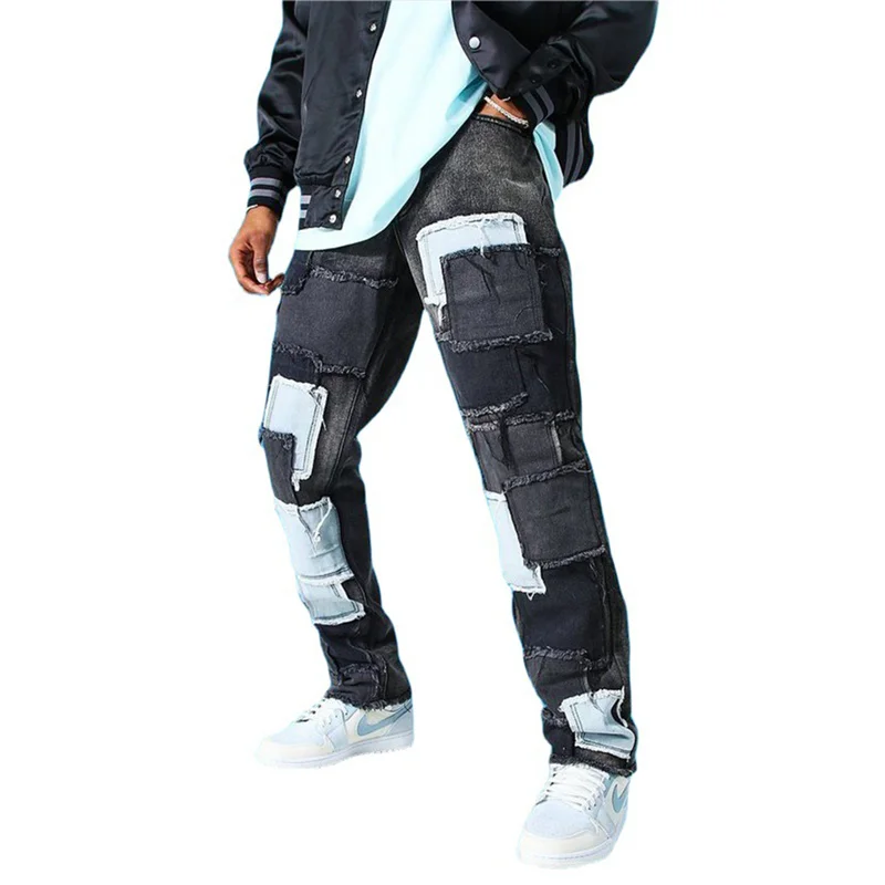 Fashion Trendy Color Contrast Patchwork Jeans Men's Street Style Youth Daily Casual Straight Wide Leg Denim Pants Loose Trousers