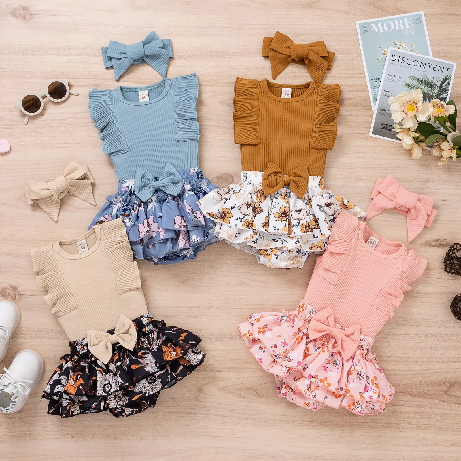 Summer Newborn Infant Baby Girls Fly Sleeve Top+ Loral Skirt+ Headband Sleeveless Kids Suit Newborn Fashion Clothing 3Piece Suit