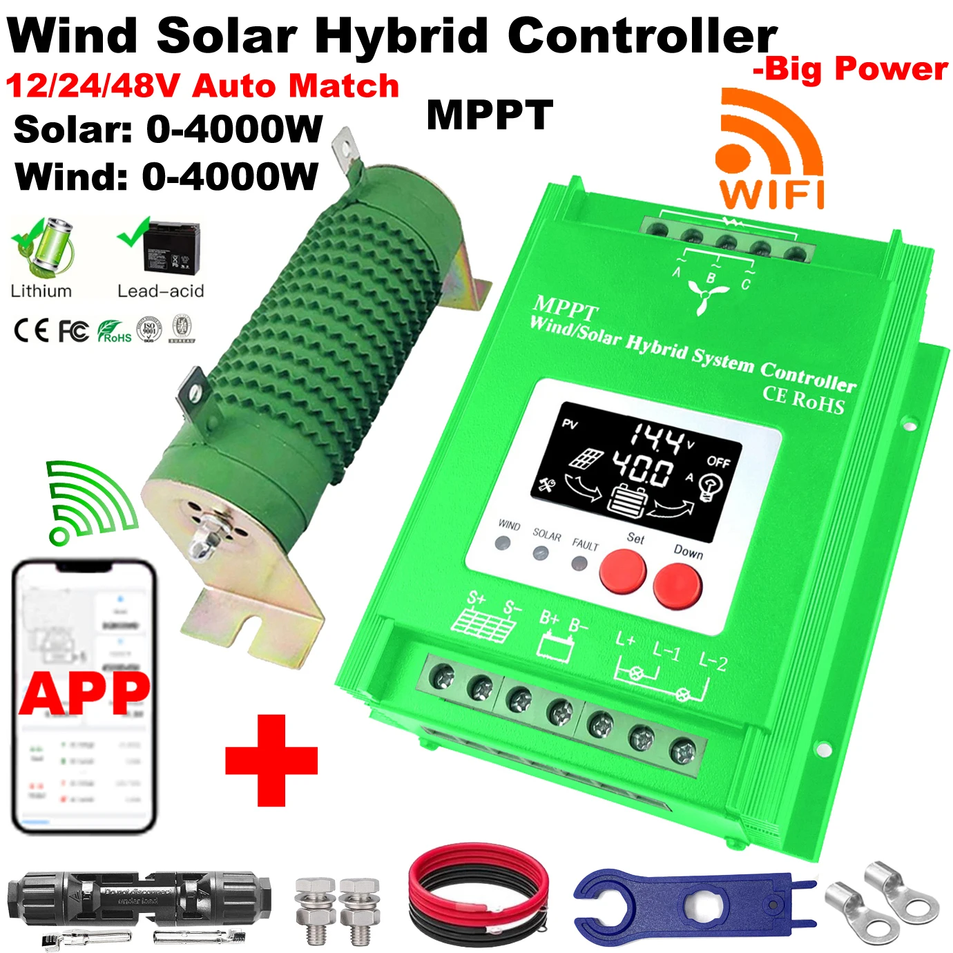 

12V 24V 48V 2000W 4000W MPPT Hybrid Wind Solar Charge WIFI Booster Controller Regulator For Lifepo4 Lithium Lead Acid GEL Bat