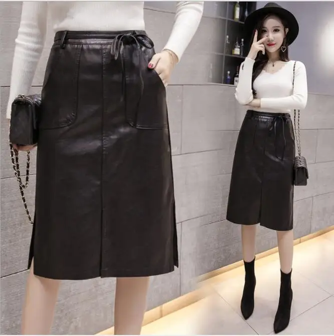 Autumn Winter Women Skirt Fashion PU Leather SLong Skirt High Waist Pencil Swing Vintage Skirt Saias XXL