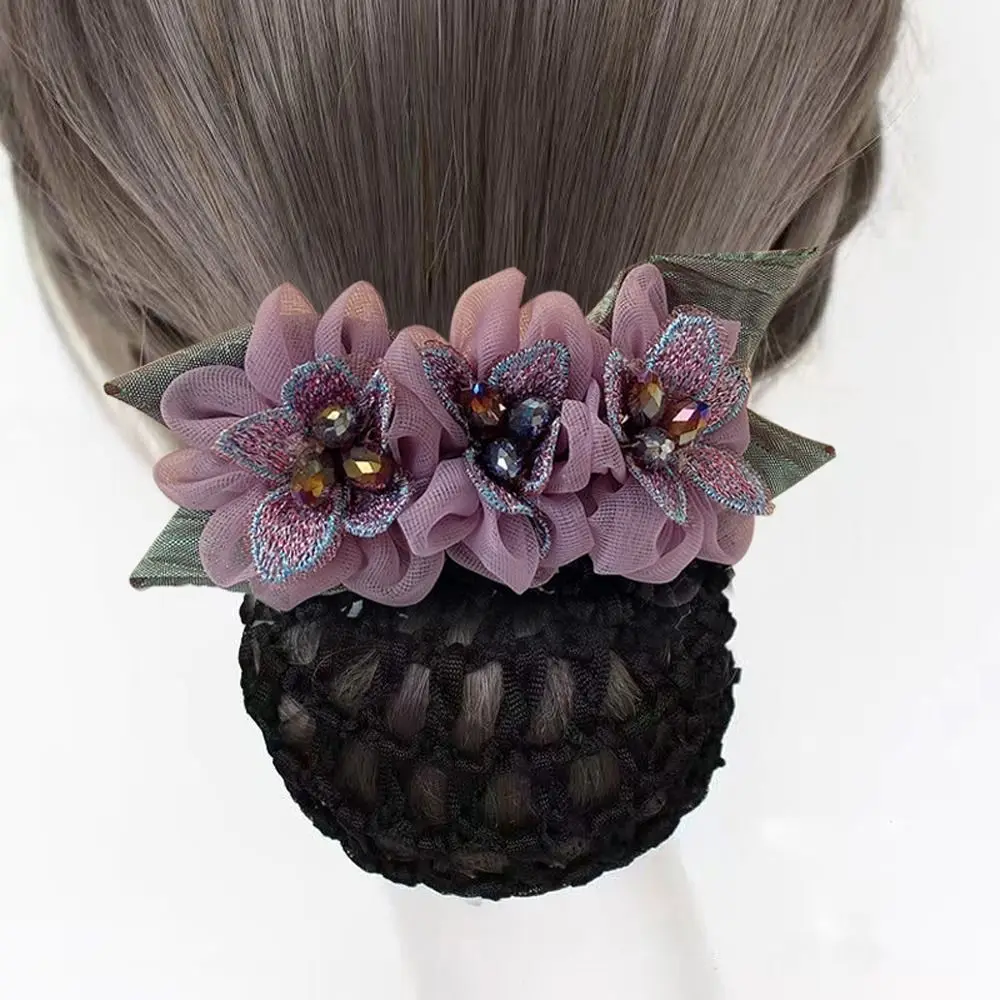 z kryształowej siatki na włosy Pearl Lady Dance Headdress Lace Flower Hair Net Korean Bun Snood Women Spring Clips Hairgrips Cover