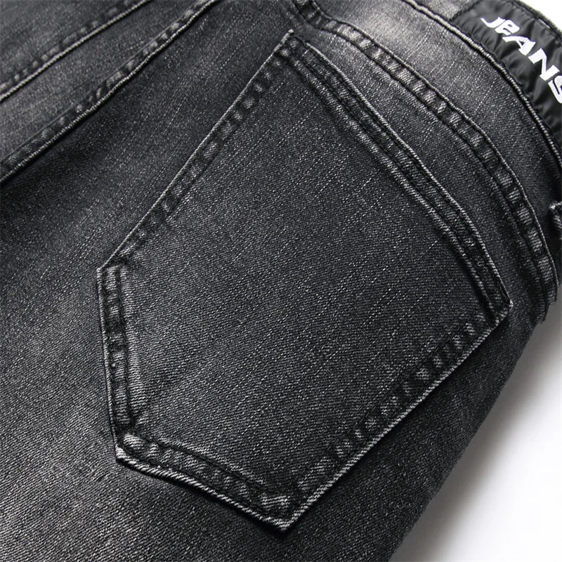 New Autumn Mens Clothing Vintage Black Holes Ripped Motorcycle Casual Pleated Torn Stretch Denim Slim Pants Trousers Biker Jeans