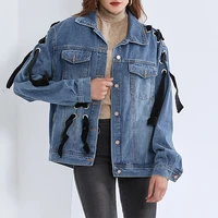 coat women jacket fashion personality lace cross strap denim jacket bow wash loose jacket 2022 new