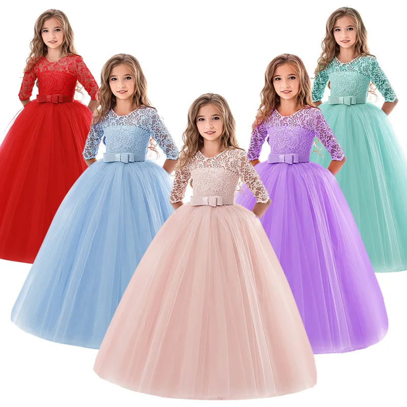 

Piano Party Performance Dress Little Girl Princess Dress Wholesale Price Long Sleeved Lace Ruffle Skirt