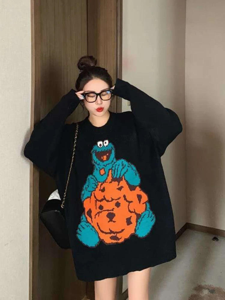 

Autumn Winter Pullovers Women O Neck Long Sleeve Casual Loose Lazy Style Sweaters Cartoon Jacquard Preppy Style Knitted Jumpers