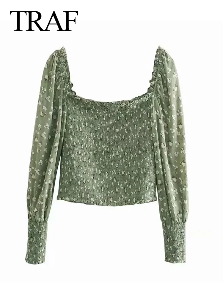 

TRAF Retro Long Puff Sleeve Grey Bean Green Elegant Print Lady Shirt Fashion Slim Fit Elastic Skin Friendly Blouse Top New