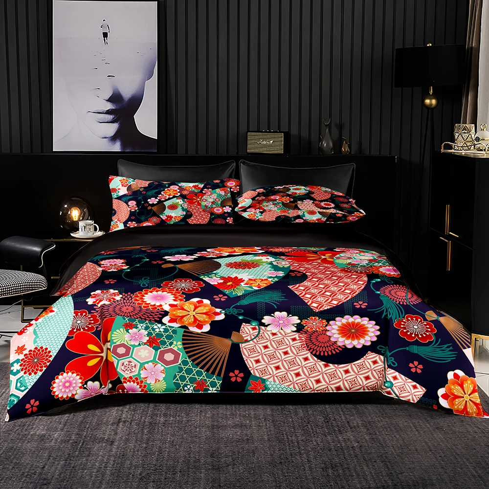 

Folding Fan Print Bedding Set Japanese Style Duvet Cover Set & Pillowcase Retro Black Quilt Cover Bed Accessory Queen King Size