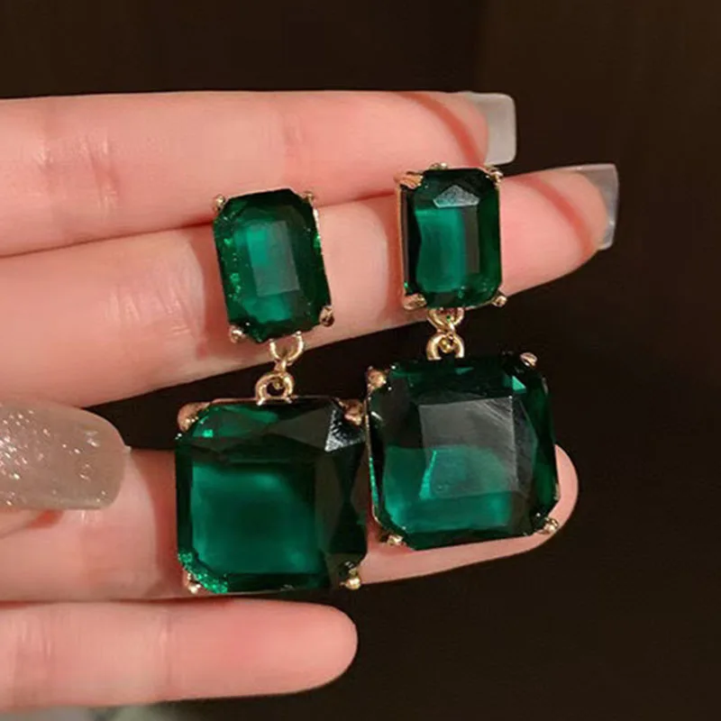 Vintage Square Green Crystal Zircon Dangle Earrings for Women Bridal Wedding Engagement Earring Valentines Day Gift Boho Jewelry