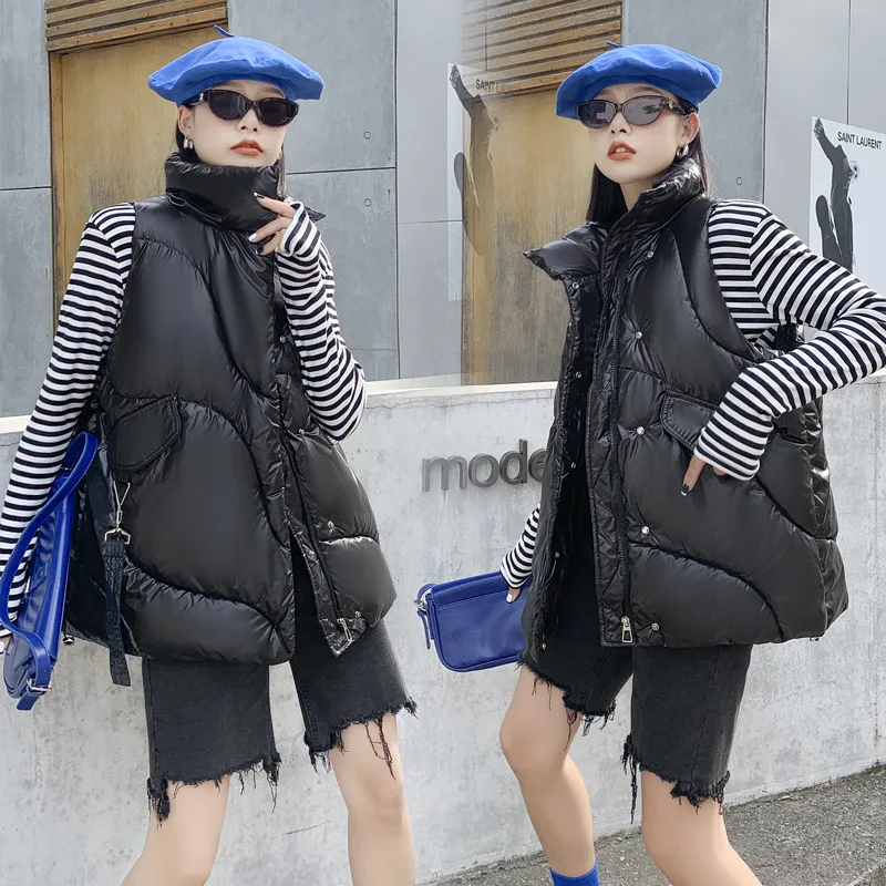 

Autumn Winter New Women Bright Surface Cotton Vest Fashion Design Sense of Casual Loose Plus Warm Solid Color Sleeveless Coats