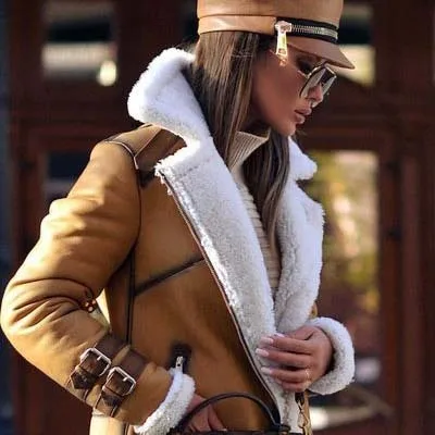 Fashion Ladies Jacket Coat PU Fur Integrated Warm Overcoat Autumn Winter New 2022