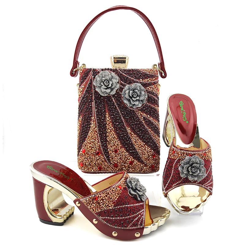 

Italian Design Newest Elegant Wine Color Party Wedding Fashion Ladies Shoes And Bag Set Decorated With Colorful Crystal