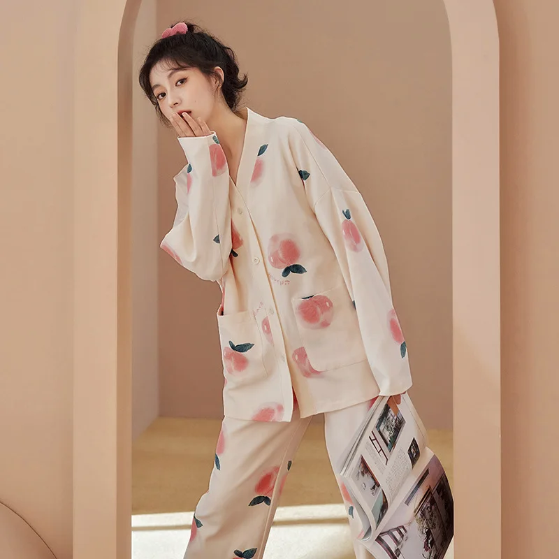 Spring Women Temperament Pajama Sets Long Sleeve peach print Tops Ankle Length Pants Cozy Loose Sleepwear Fashion Lounge Popular
