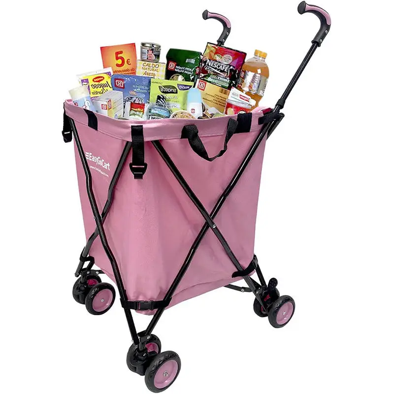 Pink Color Four-Wheel Supermarket Grocery Shopping Cart, Compact Folding Utility Trolley With Cover