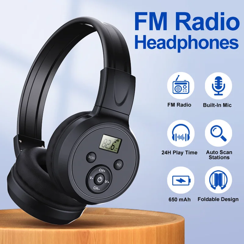 

Headset FM Radio Wireless Headset, Outdoor Portable Radio Headset, LCD Display Screen, Support 3.5mm AUX Audio Input