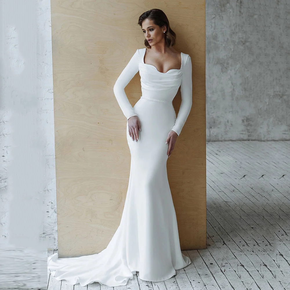 

Simple Long Sleeves Mermaid Wedding Dresses Square Neck Civil Bridal Gown Ivory White Boho Bride Dress Vestido de Novia